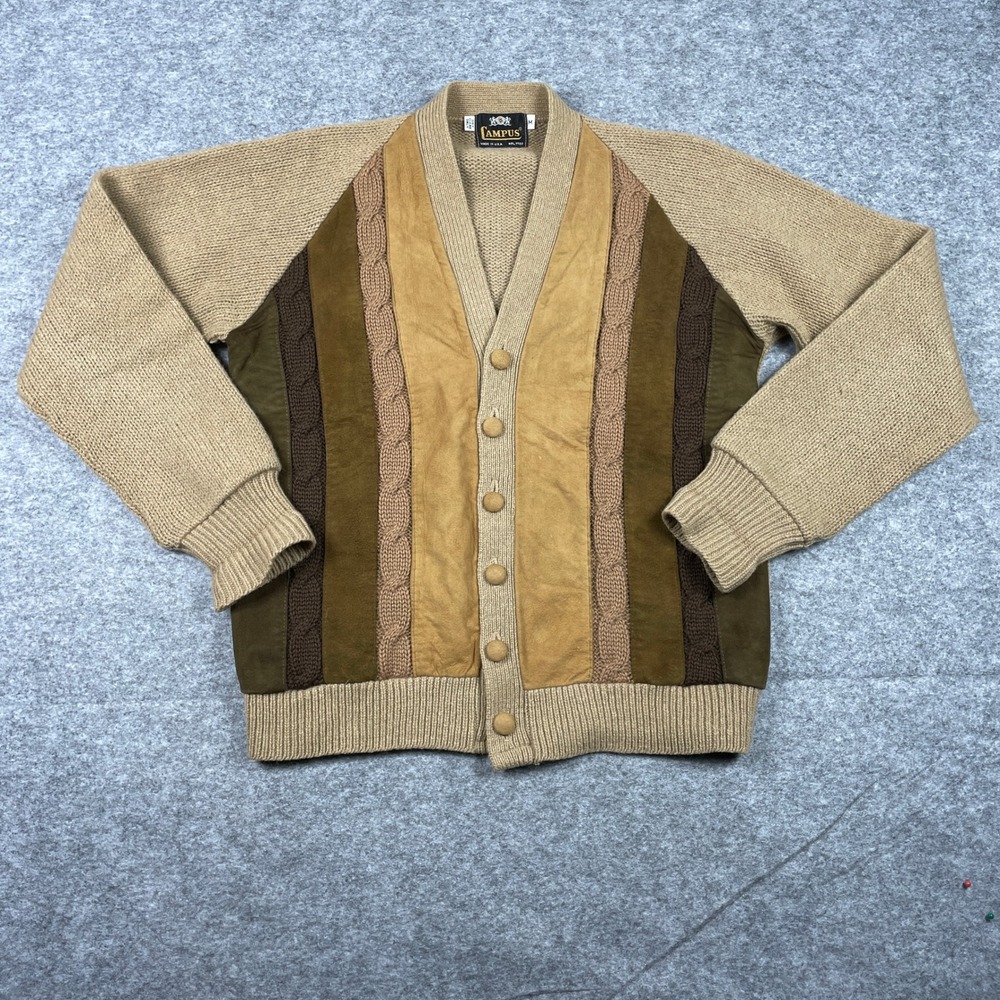 VTG 70s Campus Cardigan Sweater Mens M Brown Tan Suede Panel Cable Knit USA Made